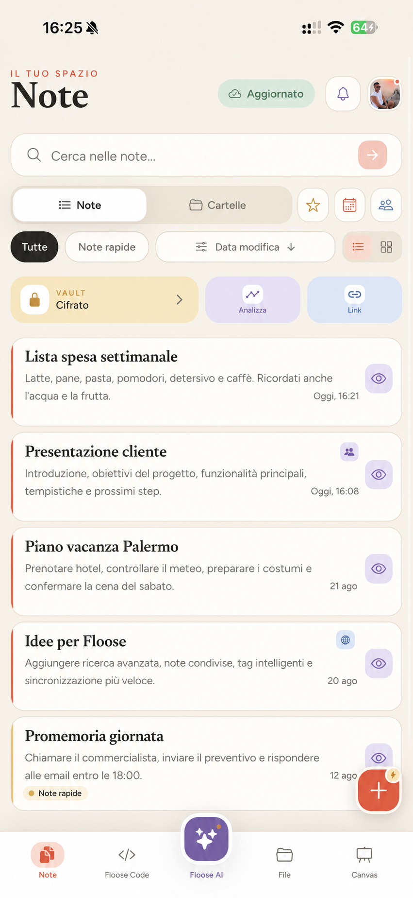 Schermata Note dell’app Floose con ricerca, Vault, analisi, collegamenti e note recenti